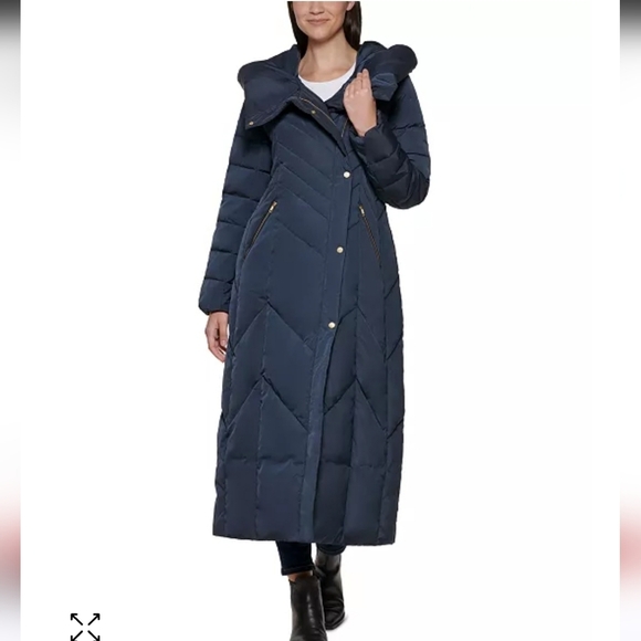 NWT Cole Haan Down Maxi Hooded Chevron Puffer Navy Coat. Women's size XS - Picture 2 of 16